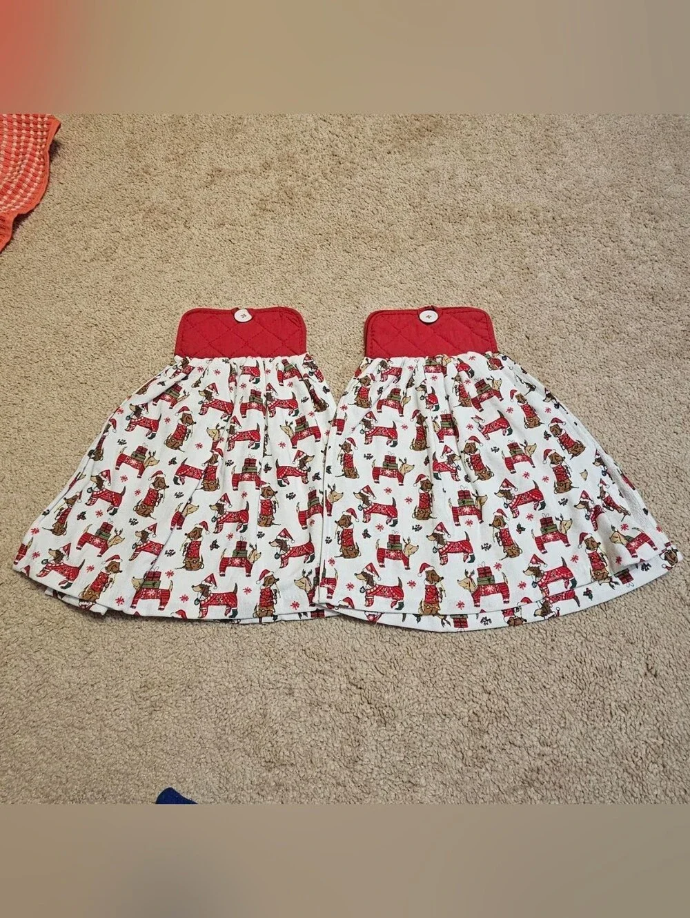2 Handcrafted Towels Attached To Potholders | Christmas | Dog Print